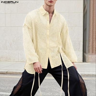 Men Lapel Neck Long Sleeve Hollow Out Fishnet Mesh Sheer Beach Shirts Tops 