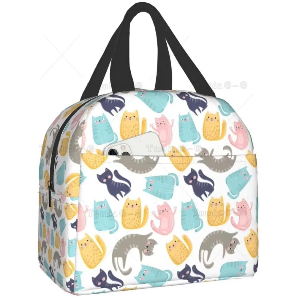 Cat Insulated Lunch Bag Reusable Cooler Thermal Tote Bag with Front Pocket for Women Men Travel Work Hiking Picnic Lunch Box