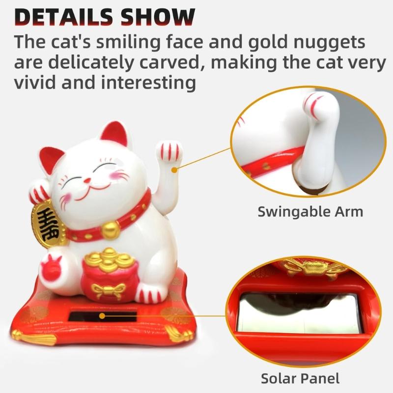Lucky Fortune Cats Solar Energy Activated Moving Arm Vehicle Desktop Ornament Wealth Symbol Home Decoration