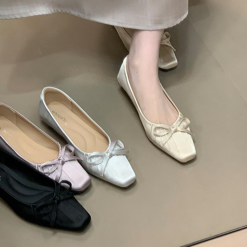 Suding Home! French Satin Square Head Bow Mary Jane Shoes 2025 New Satin Pleated Light Mouth Single Shoes