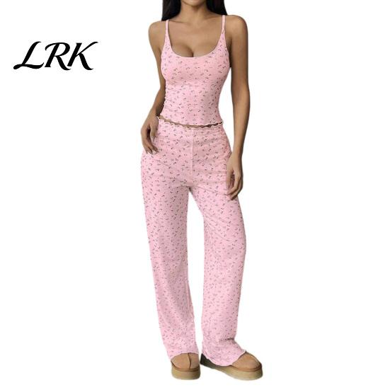 Cute Summer Pajamas with Thin Straps Women Set Floral Print, Sleeveless U Neck Soft Ribbed for Camisole And Pants, Sexy Comfortable Skin-friendly