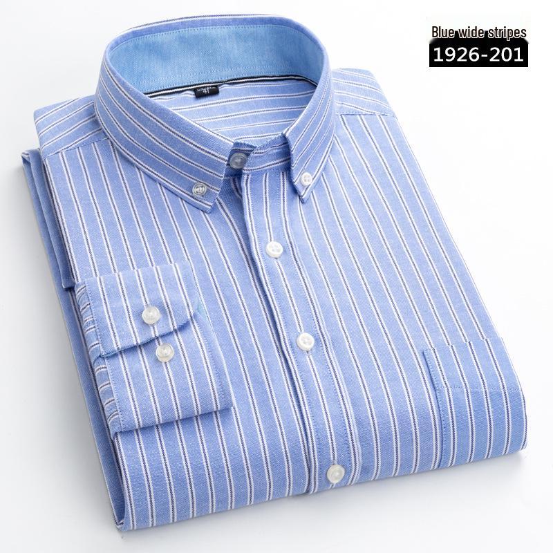 Men's Long Sleeve Washed Cotton Oxford Shirt - Slim Fit, Plaid, Iron-Free Stripes, Casual Style