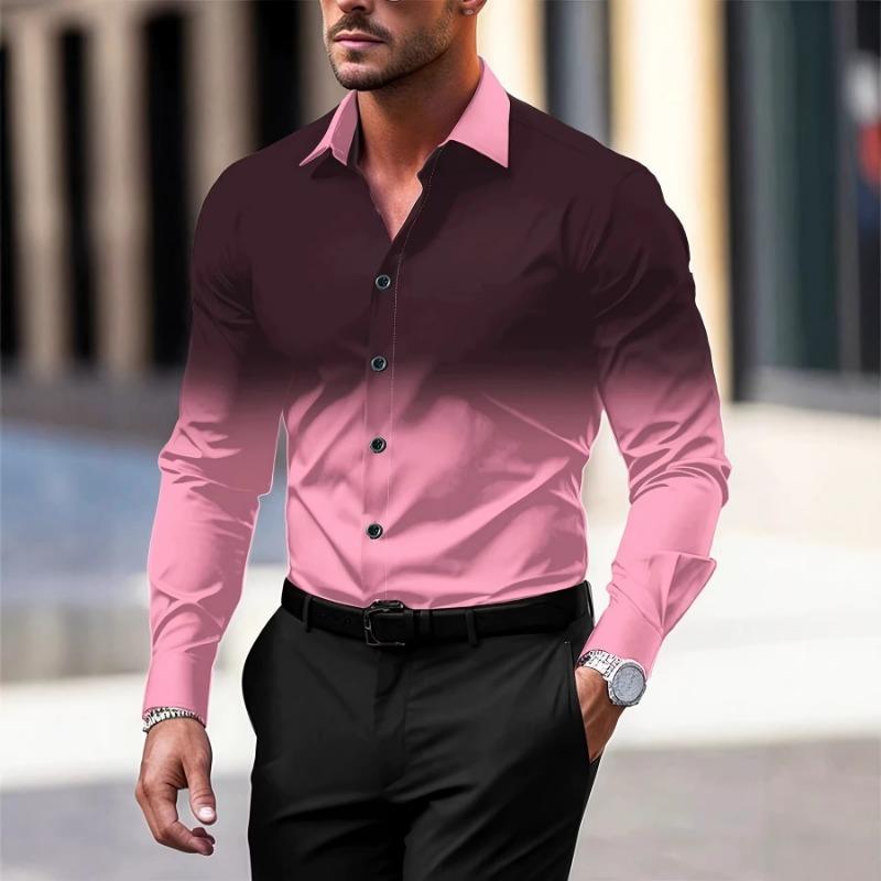 Men Gradient Color Lapel Long Sleeve Button Down Dress Shirt