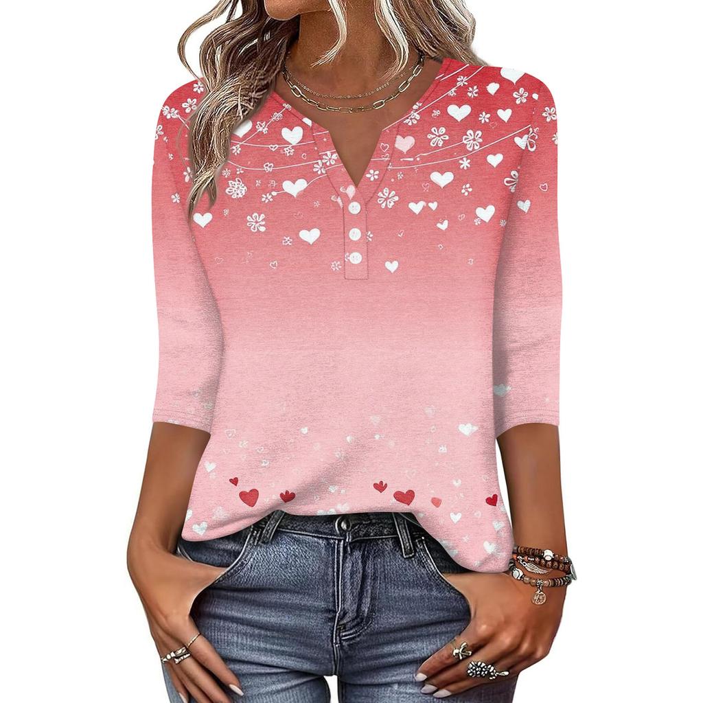 Camiseta feminina estampada com botões, manga 3/4, moda diária, de fim de semana, básica, decote em V, top regular