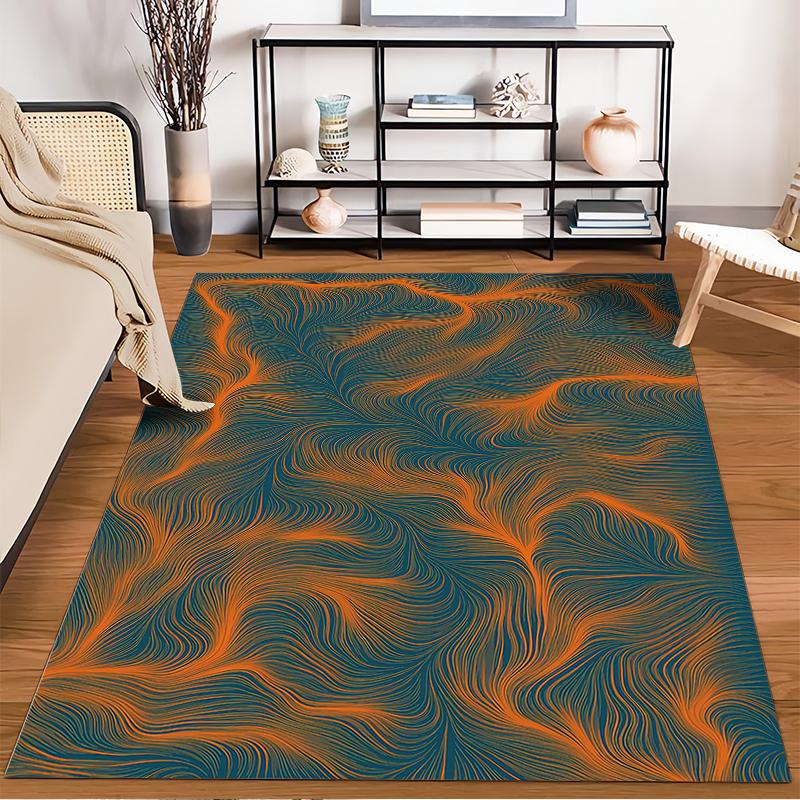 Modern Abstract Lines Area Rug Orange and Blue Wavy Pattern Carpet Suitable for use as an anti-slip for living room bedroom sofas
