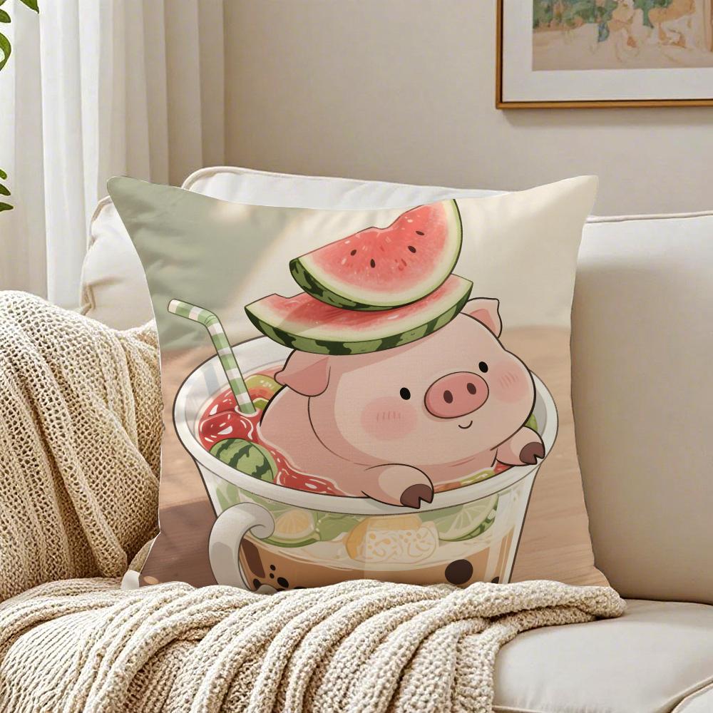 Cute Pig Summer Surprise Cushion Cover Linen Pillowcase Soft  for Sofa Bed Home Room Decor