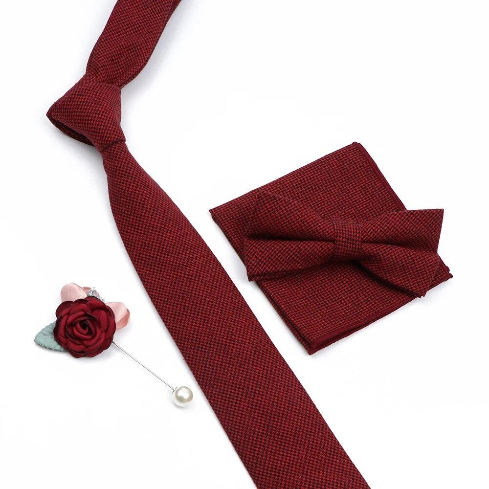 Solid Color Cotton Necktie Set For Men Tie 4pcs Hanky Cufflinks Rhinestone FLoral Brooch Tie Set