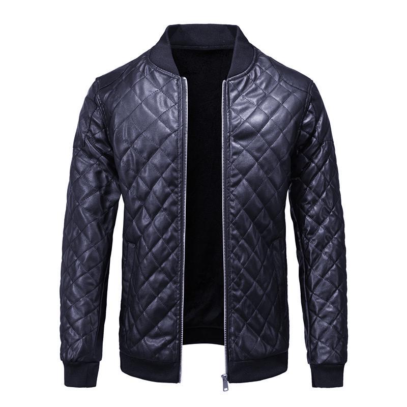 Men's Black Stand Collar Leather Jacket with Zipper Welt Pockets and Straight Hem for Autumn/Winter Casual Wear