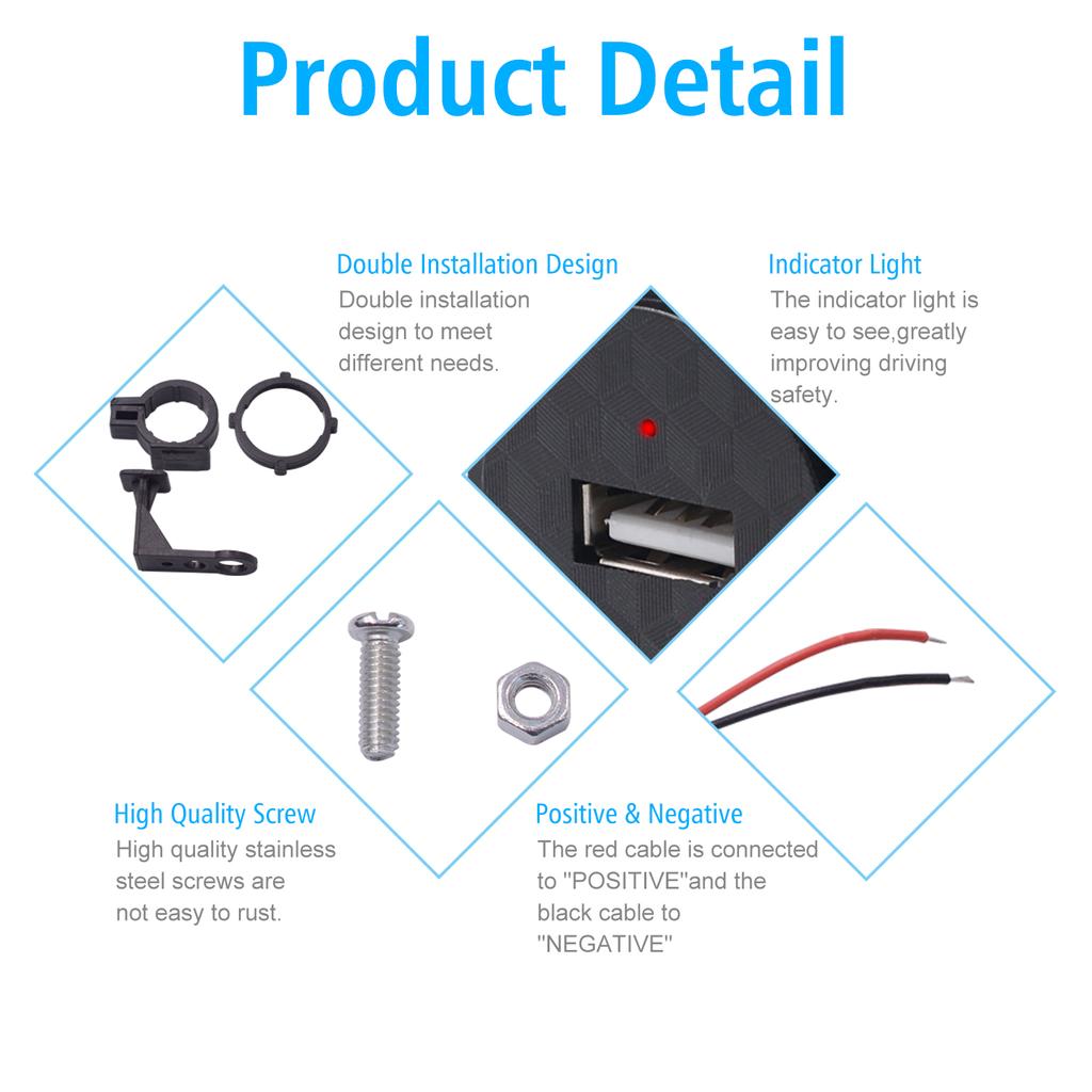 USB Motorcycle Mobile Charger, 12V Waterproof, Single-Port