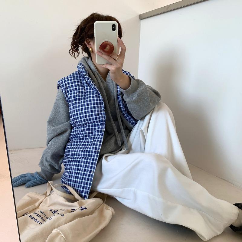 Casual blue plaid vest stacked coat women's winter fashion sleeveless loose velvet thickened outer wear