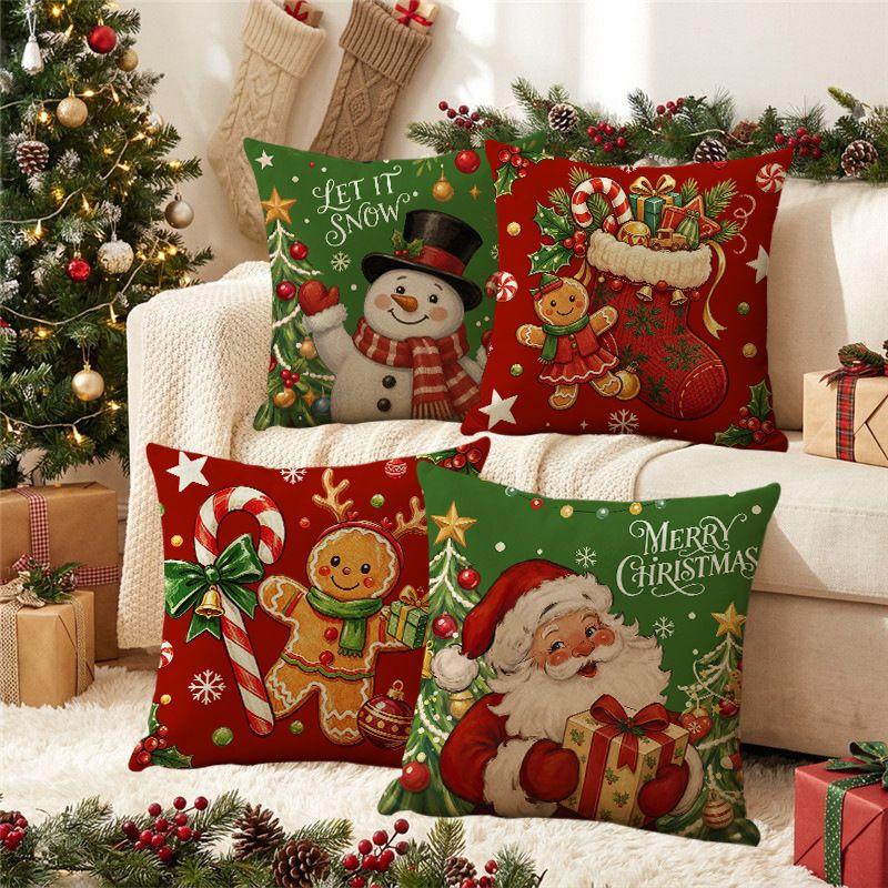 VIKAMA Christmas Decor Pillow Cover Santa Snowman Gingerbread Candy Cane Cushion Cover Winter Holiday Farmhouse Sofa Home Decor