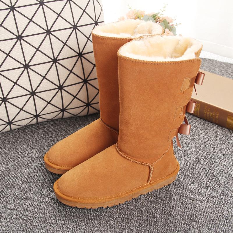 Winter Neue Damen High Top Rindsleder Schneestiefel mit Fliege und Samtboden warme Schneestiefel
