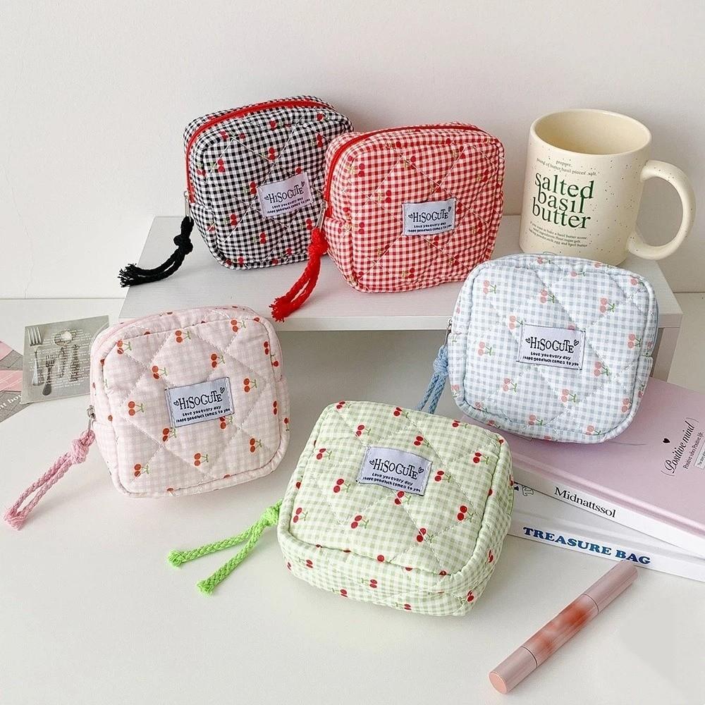 Single Layer Korean Cherry Pencil Case Cute Design Cloth Plaid Pen Bag School Office