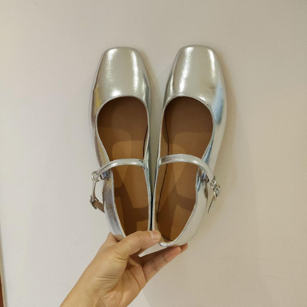 Popular Mary Jane Lady Small Leather Shoes Small Fragrant Silver Small Single Shoes 2025 Spring Shallow Mouth One Word Belt Women's Shoes