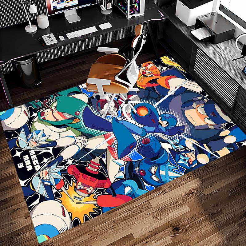 1pc Cartoon Rockman Game Megaman1 Print Area Rug - Soft, Washable Non-Slip Indoor Mat for Office Chairs, Living Room, Home Office Decorative Rug