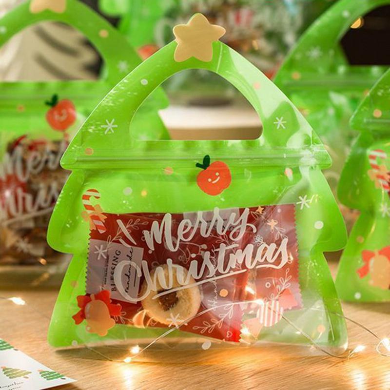 10PCS Christmas Gift Bag For Candy Chocolate Cookie Nougat Biscuit Packing Gift Tree Santa Zipper Bags Sweets Package