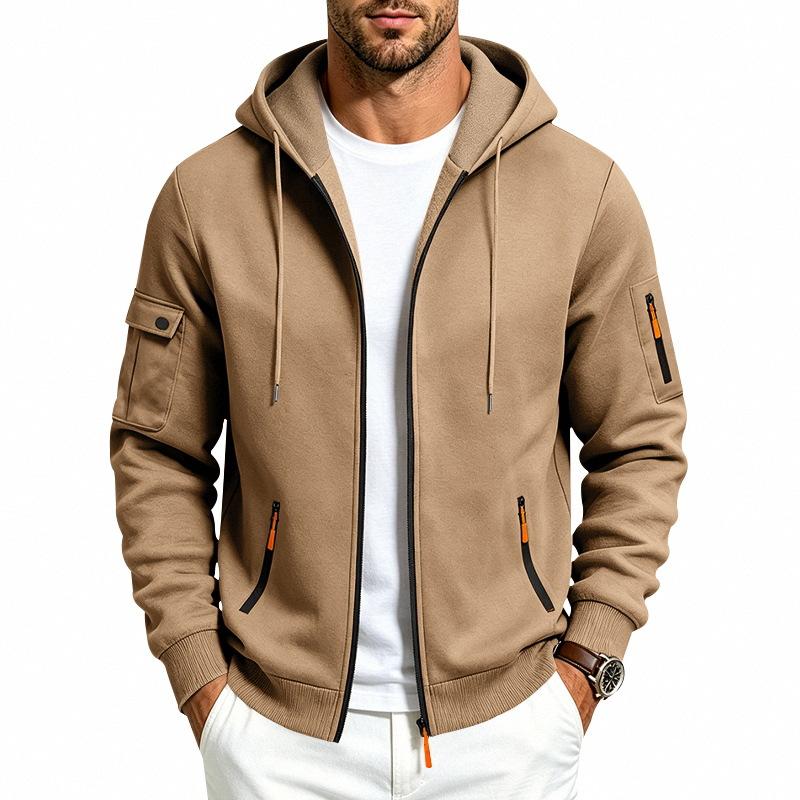 Men's Solid Zip‑Up Hooded Sweatshirt Casual Drawstring Hoodie Jacket Long Sleeve Arm Pocket Sports Outerwear for Male