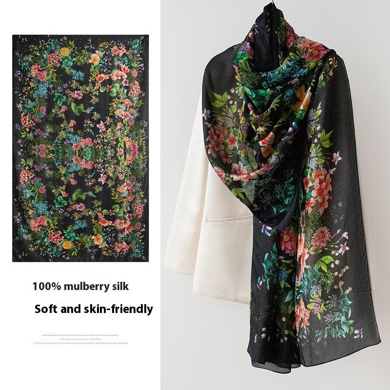 Flower Sea Dream Black New Premium Silk Double-sided Same Color Beach Silk Scarf Sunscreen Shawl