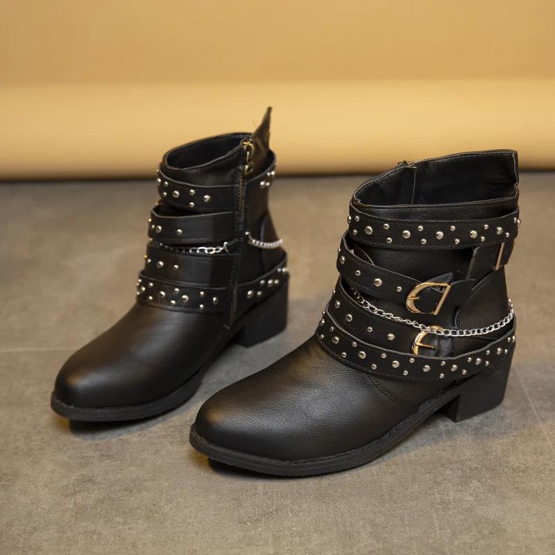 Fashion New Square Heel Women Motorcycle Boots Rivet Zip Design Ankle Boot for Women Street Style Female Shoes Western Boot Large Size43