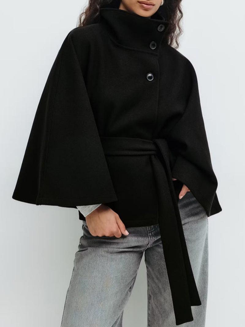 European-American Women s Belted Loose Stand-Up Collar Bathrobe Coat M чёрный