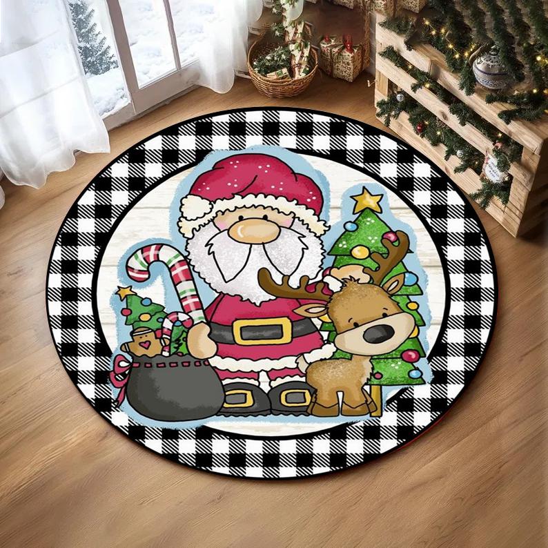 Christmas Ornaments Round Rug Merry Christmas Santa Rudolph Riding Home Mat  Living Room Decor Sofa Rug Festival Event Carpet