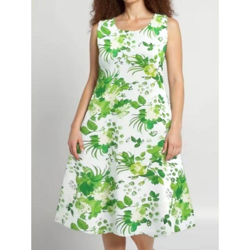 Women's Simple Drawing Flower Printed Sleeveless Round Neck Dress Loose Soft and Comfortable Plus Size Dress