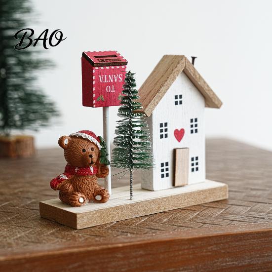 Christmas Showcase Display Mini Village House Figurine, Winter Scene Ornament with Snowman Hand Painted Wood Town Bear & Mailbox, Nordic Style Desktop
