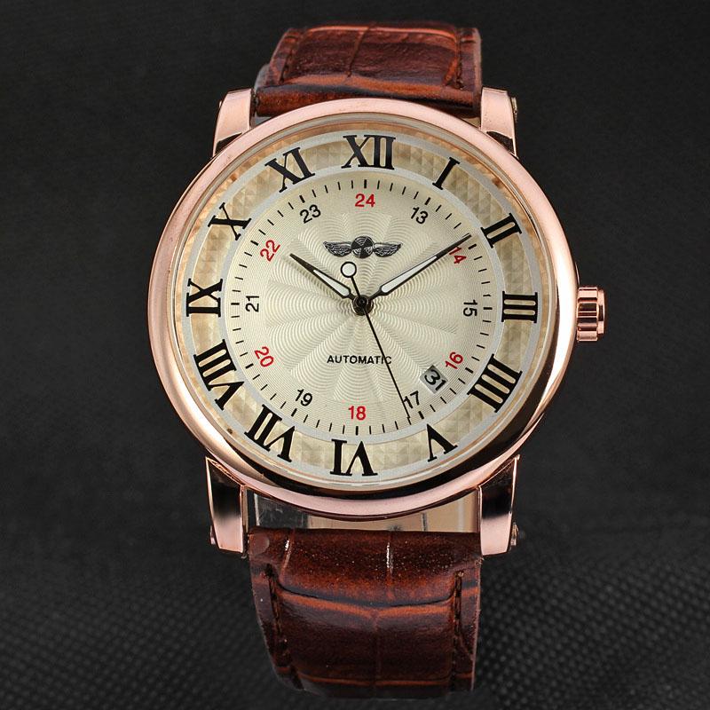 Relogio Relojes New Fashion Rose Gold Watches Day Date Automatic Self Wind Leather Strap Men's Watches Mechanical Watches