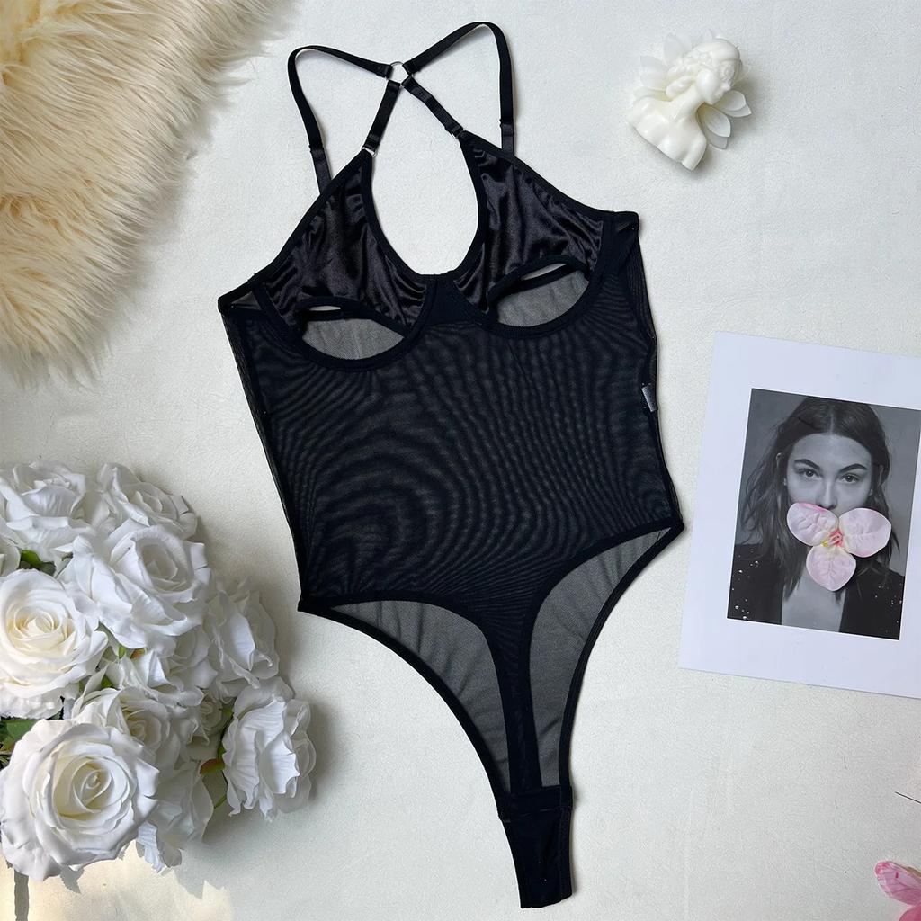 Lingeries Sexy Exotic Bodysuits For Women Transparent Black Sheer Mesh Halter Teddies Party Exotic Costumes Porn Underwear
