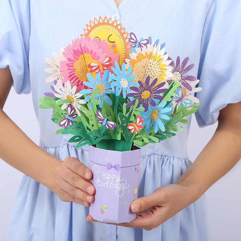 Premium 3D Pop Up Flower Bouquet Card Mothers Day Present Valentines Day Anniversary Birthday Greeting Cards Thank You Wishes Gifts