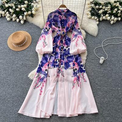 Women Casual Long Maxi Dresses Long Sleeve Stand Collar Floral Print Lantern Sleeve Single Breasted A-line Long Party Dress