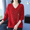 Autumn and Winter Women's V-Neck Sweater Solid Color Loose Beaded Sweater Plus Size Knitted Pullover Top