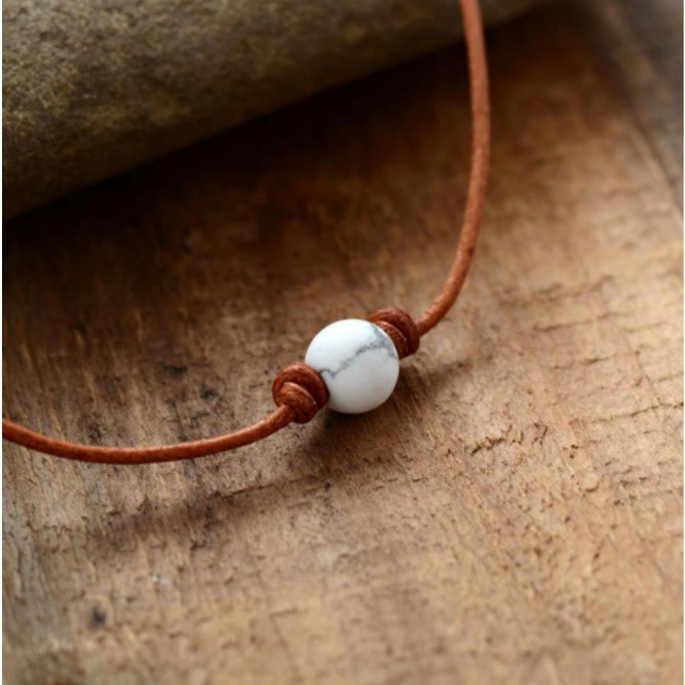 Bohemian Style Turquoise Bead Choker Necklace, Simple Vintage Retro Leather Cord Clavicle Chain