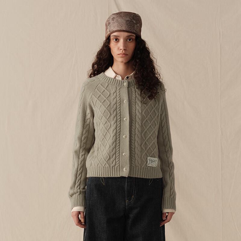 GREEN BELT Women's 2025 Winter 100% Wool Cable Knit Cardigan