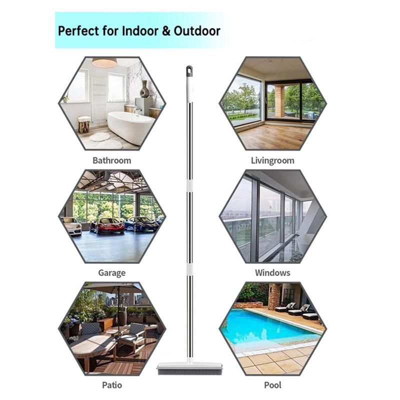 A25F-Rubber Broom With Squeegee And Adjustable Long Handle Pet Hair And Fur Remover Floor Brush For Hardwood Tile And Window