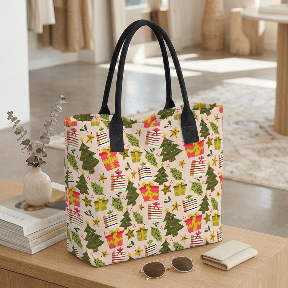  Christmas Print Canvas Tote Bag Large Capacity Casual Daily Shoulder Handbag for Holiday Shopping