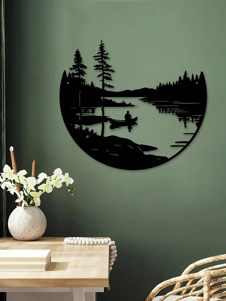 Bohemian Metal Wall Art Landscape Silhouette Round Sculpture Rustic Iron Hanging Decor for Home Garden Living Room Balcony