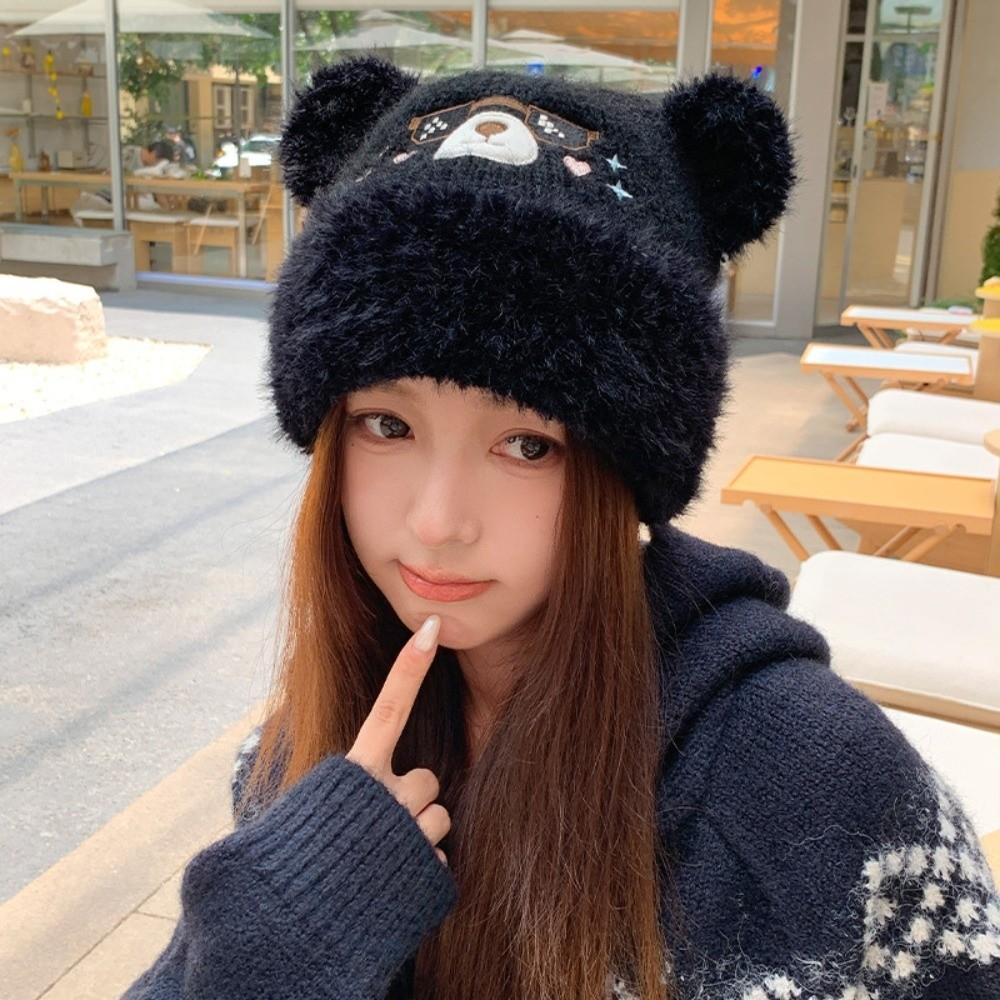 Large Head Circumference Bear Ear Hat Face Slimming Design Winter Beanie Hat Daily Casual