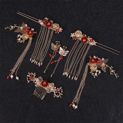 Ensemble d'accessoires pour cheveux de mariée Hanfu chinois pour femmes, 7 pièces/ensemble, accessoires pour cheveux à pompon