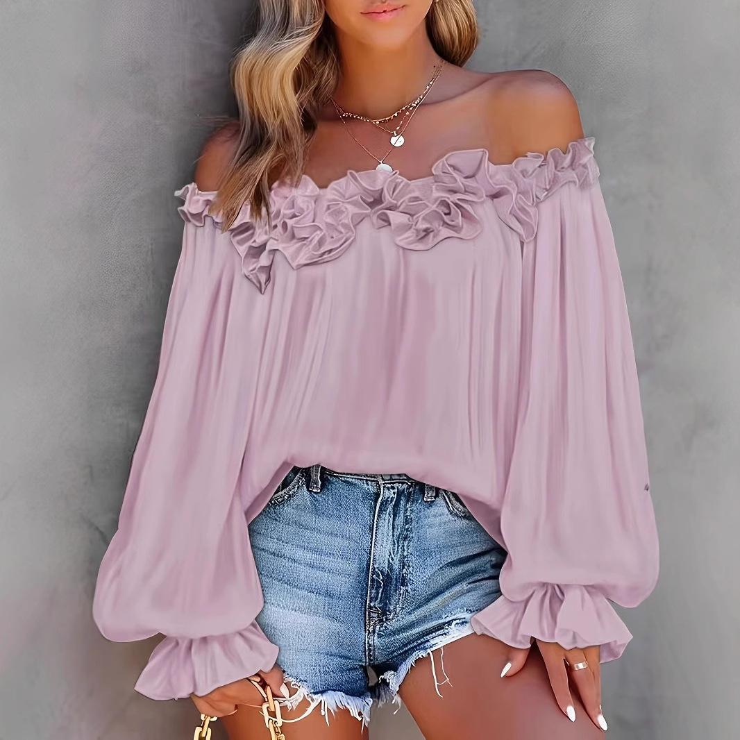 

Женская повседневная однотонная свободная футболка с открытыми плечами и оборками на рукавах большого размера XXL фиолетовый