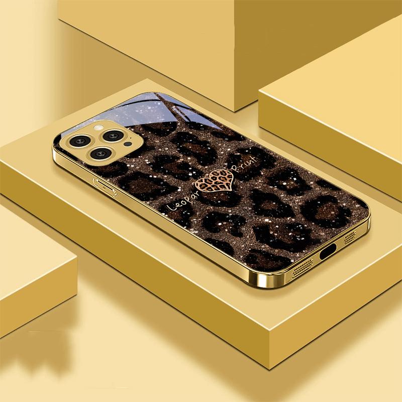 Leopard Spotted Love Green For IPhone 16 Pro Max 15 P Ro 14 13 Plus 12 Mini 11Pro Max XS Max XR Golden Tempered Glass Phone Case