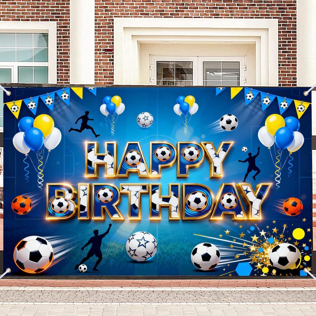 Glowing Soccer Happy Birthday Banner, Large Sports Backdrop for Outdoor Indoor Party Photo Booth