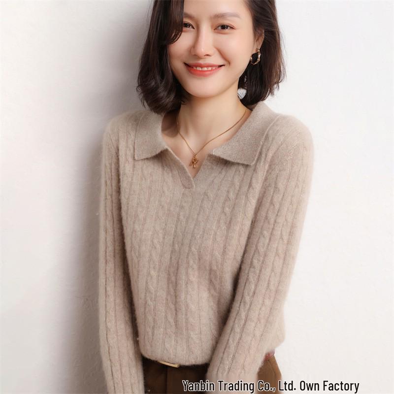 Women's Cable Knit Cashmere Polo Collar Sweater with Lapel and Long Sleeves