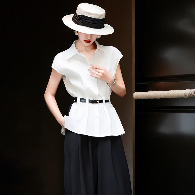 Women s Lyocell Blend Pleated Lapel Belted Short Sleeve Shirt M