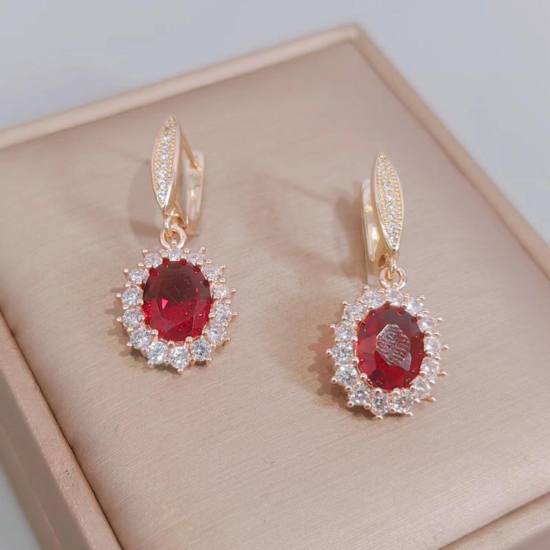 Red Oval Crystal Zircon Drop Earrings for Women 2023 New Gold Color Wedding Engagement Party Jewelry Accessories