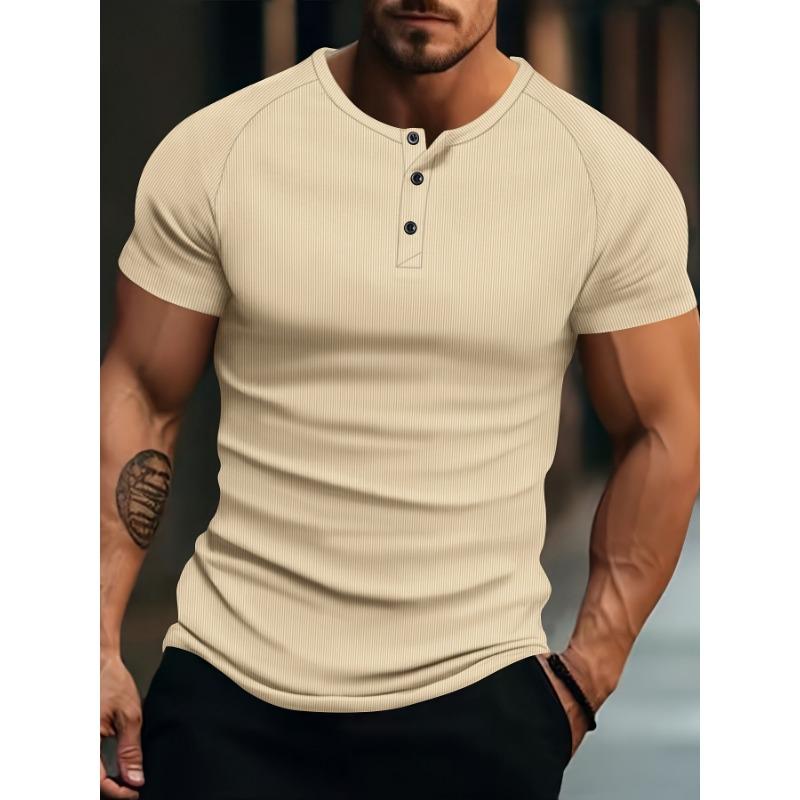 Men Vertical Ribbed Henley Neck Short Sleeve T-Shirt Casual Slim Fit Top