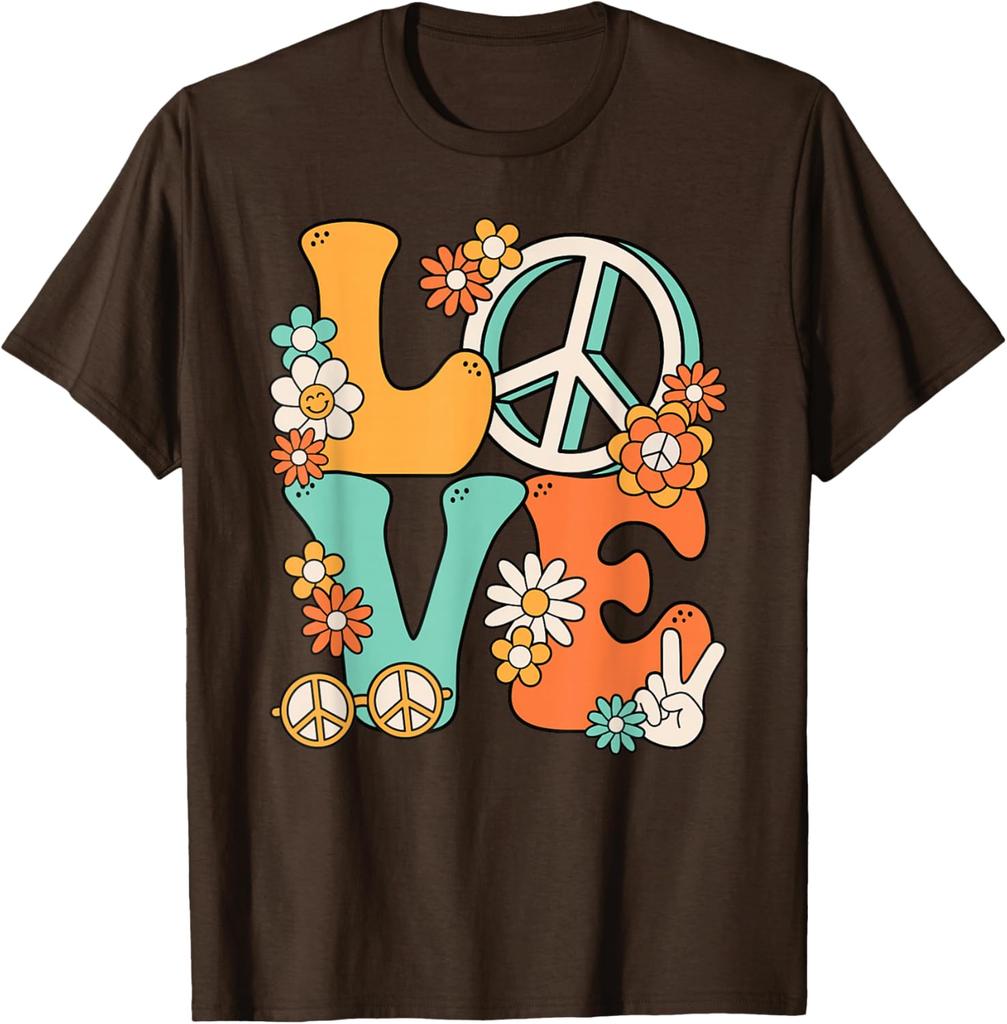 Hippie Love Peace Groovy Flowers Retro 70s Style Graphic Print Cotton T-Shirt Unisex Trip Casual