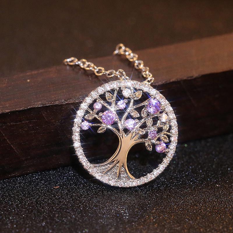 Silver Plated Tree of Life CZ Pendant Necklace, Colorful Crystal Halo Cable Chain Necklace for Women