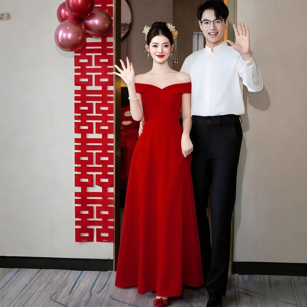 High-end White One-word Shoulder Evening Dress Female Banquet Host Temperament Simple Slim Long Performance Dress Dress