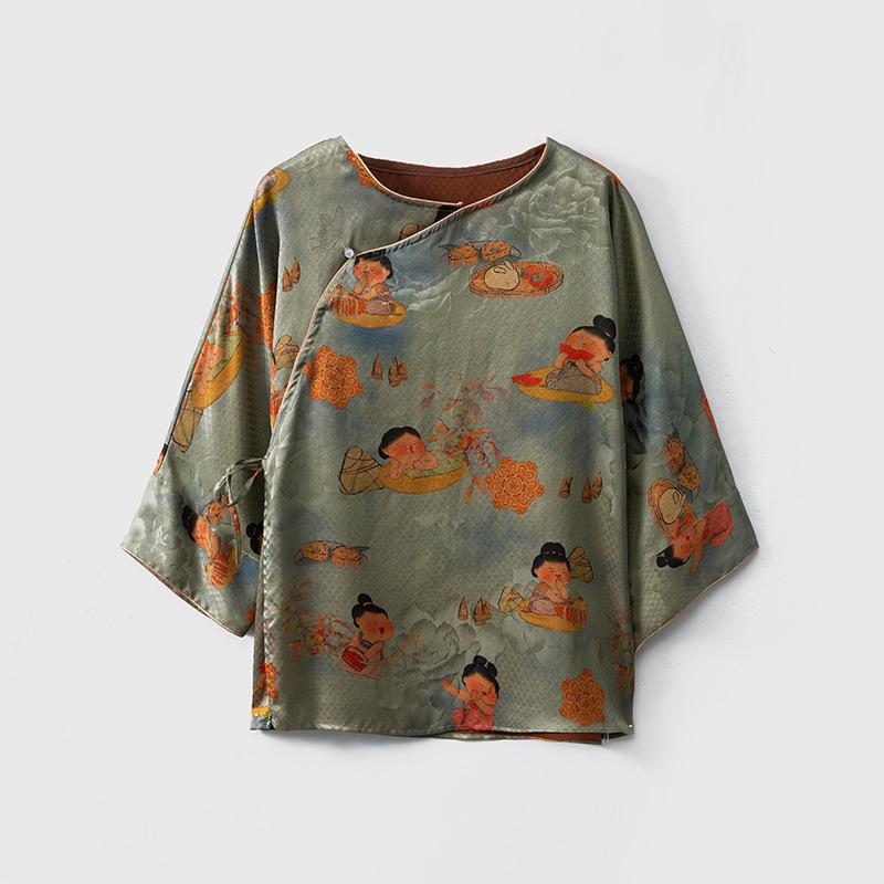 

100% Mulberry Silk Jacquard Top: Slanted Placket, National Style, Loose Fit, New Chinese Style Shirt One Size